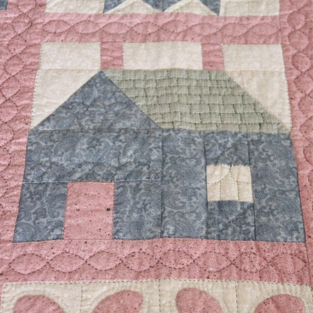 Vintage 80's/90's Completely Handmade Hand Stitched Quilt Pink Squares 87L x 60W